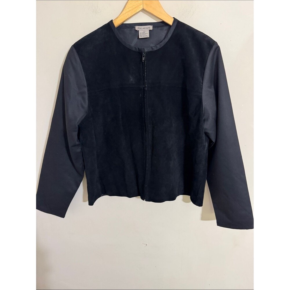 Escapade Short Boxy Black Suede Mix Media Front Zip Jacket size L Minimalist Y2K